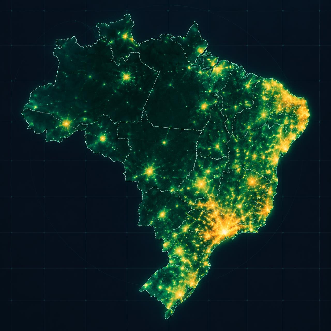 Mapa de calor do Brasil com concentrações de votos em verde e dourado